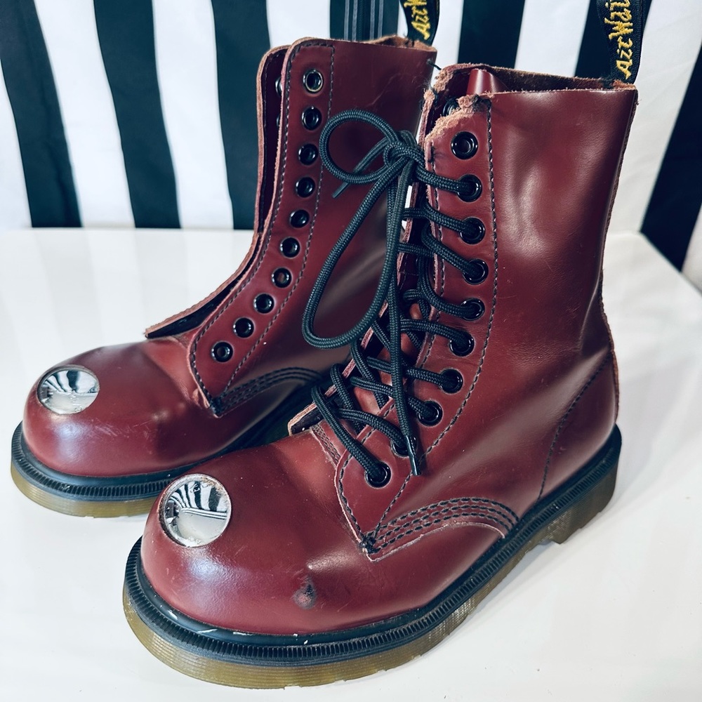 Dr Martens MAINE Rare Exposed Steel Toe Cherry Red (Burgandy) 10-hole Boots